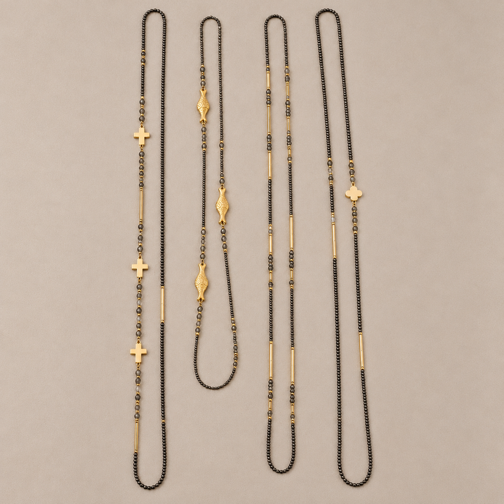 NALA — Composition de 4 sautoirs en cristal et pierres naturelles